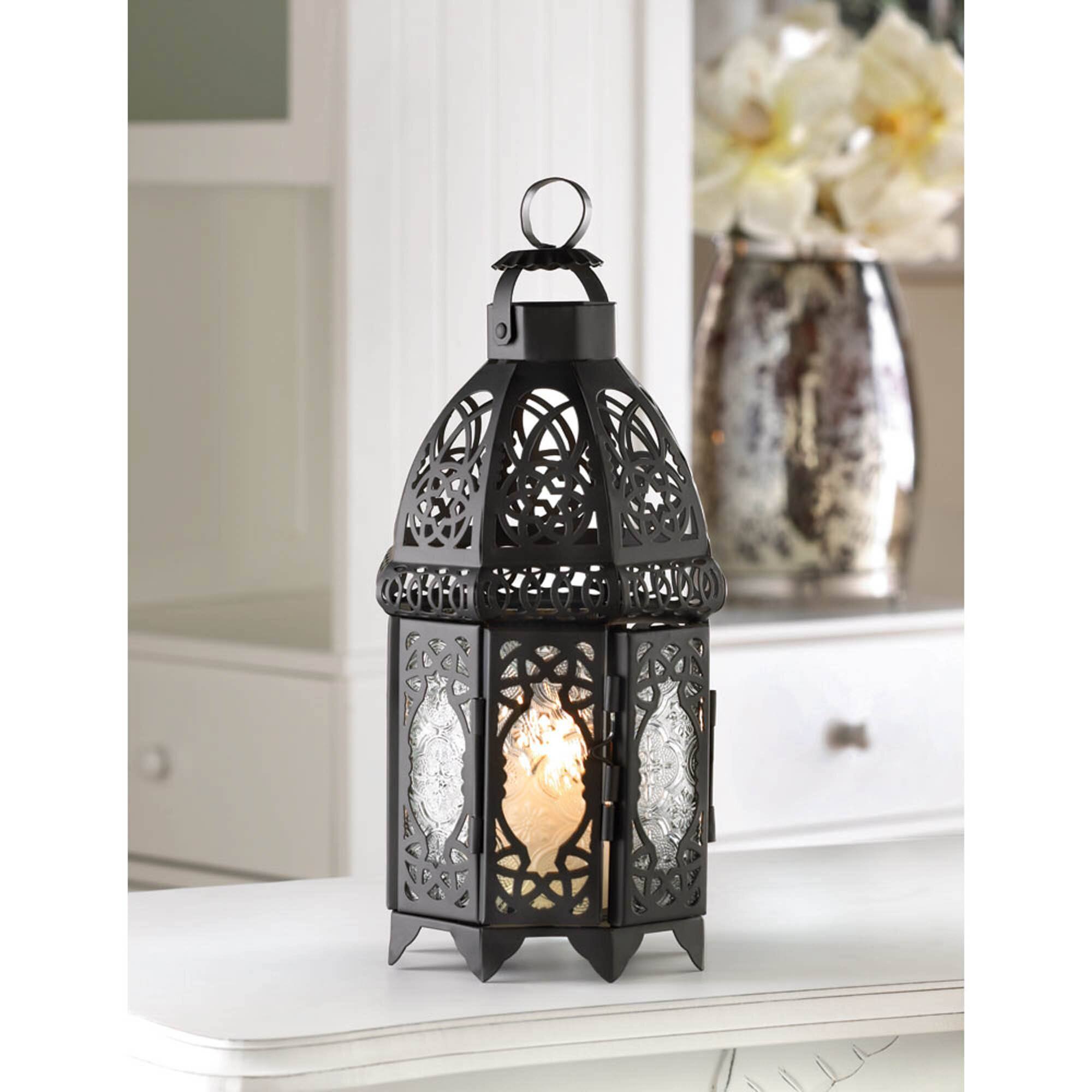 12" Black Lattice Moroccan Style Candle Lantern
